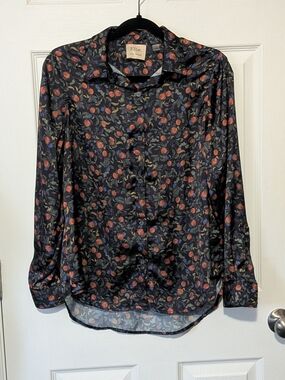 Elie Tahari Black Floral Button-Up Shirt with Rust and Green Accents